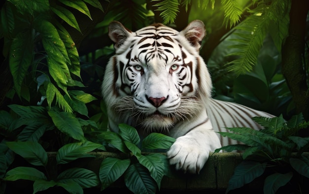 Белый тигр из пышного зеленого леса