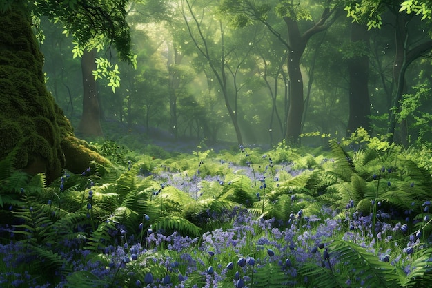 Lush Green Forest With Blue Flowers