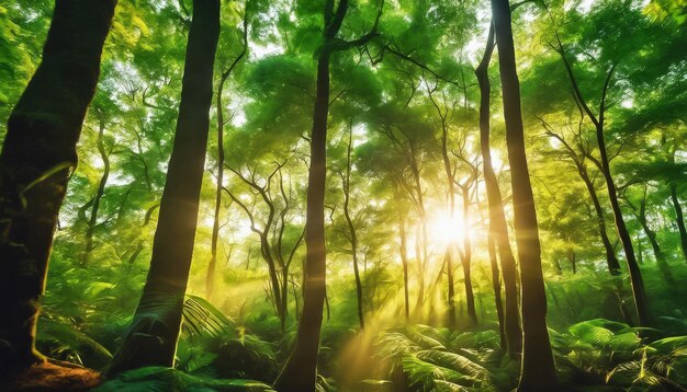 写真 茂った緑の森で日光が天幕を通って流れています