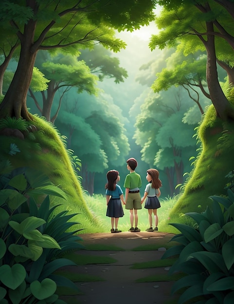 A lush green forests with two friend standing atop a hill