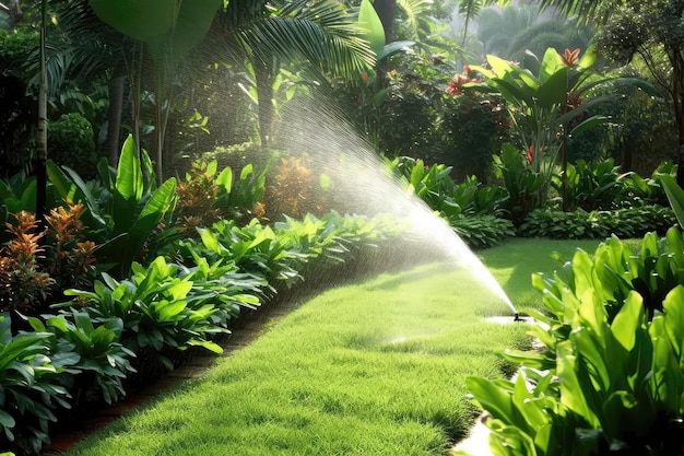 Lush Green Garden Being Watered Using Drip Irrigation System Generative AI