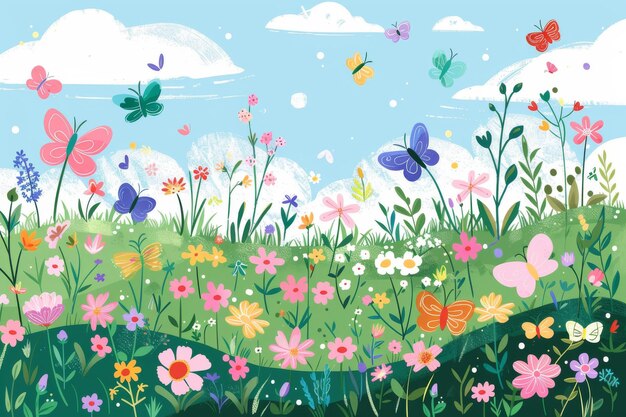 Photo lush green grass and blooming flowers in a beautiful garden of flowers and butterflies