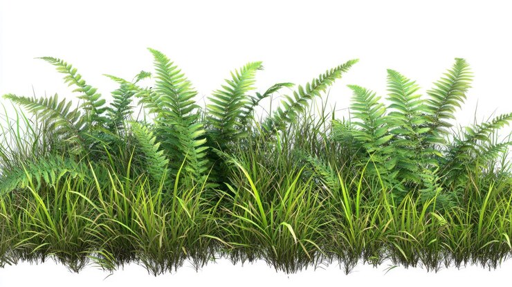 Lush Green Grass and Ferns Isolated on a White Background