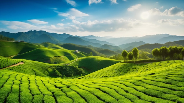 Photo a lush green hillside with trees and mountains in the background