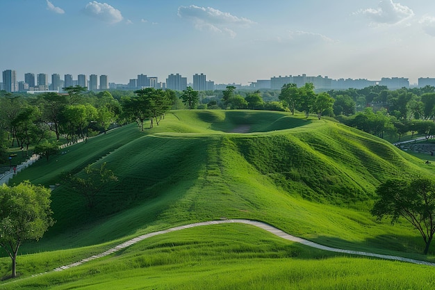 Photo a lush green hillside with a winding path in the middle of it and a city in the background on a