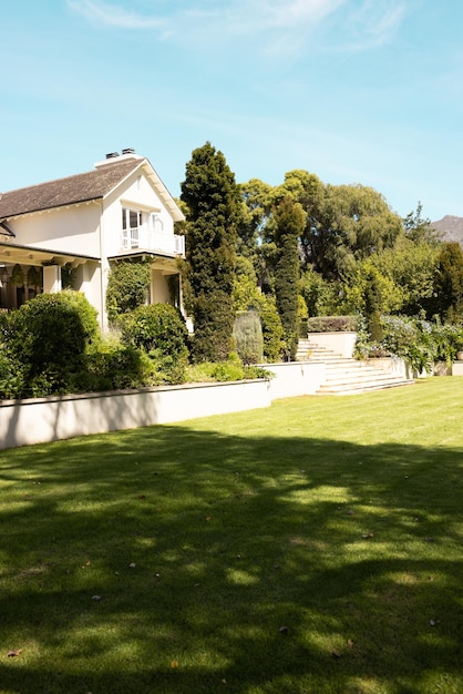 Foto un prato verde lussureggiante porta a una grande casa bianca con alberi a casa