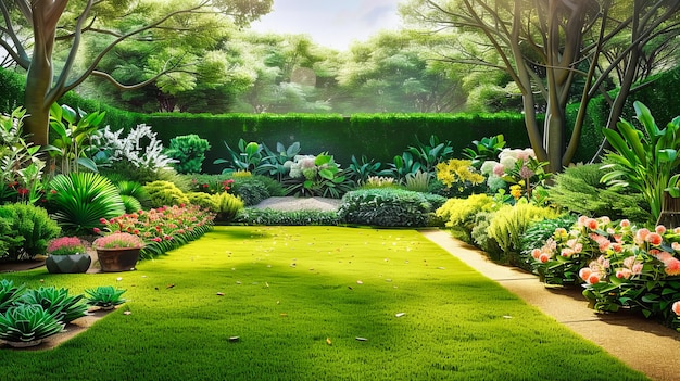 やかな庭の茂った緑の芝生 完璧に管理された芝生 屋外の美しさと静けさ