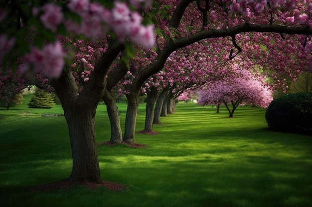 A lush green lawn surrounds an ornamental garden with imposingly flowering huge cherry trees