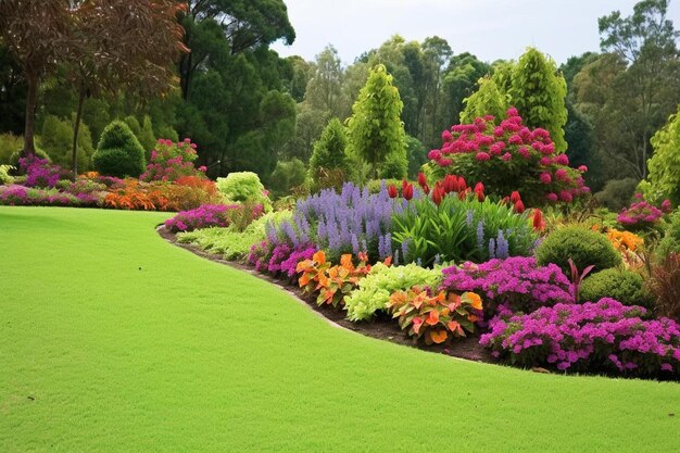 a lush green lawn with colorful flowers and trees