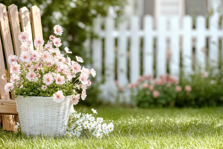 Photo 活気のある花と木製のフェンスで沢な緑の芝生は平和で晴れた夏の裏庭の庭のシーンを作ります