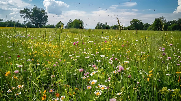 A lush green meadow is filled with a variety of wildflowers The flowers are in bloom and the meadow is alive with the sound of bees and butterflies