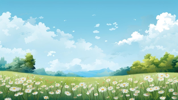 A lush green meadow with blooming flowers