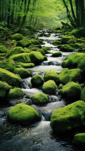Lush green moss covered stones in stream wallpaper for the phone