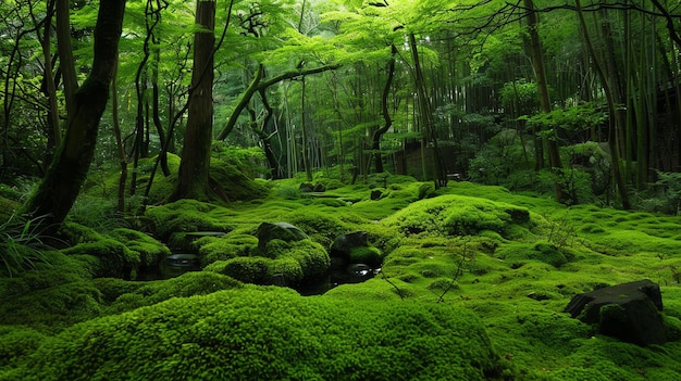 The lush green moss creates a magical atmosphere in this beautiful forest