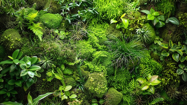 Foto il muschio verde rigoglioso e la parete di felci sono perfetti per uno sfondo o una consistenza naturale