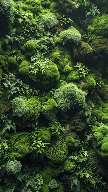 Lush green moss and ferns growing on a rock wall