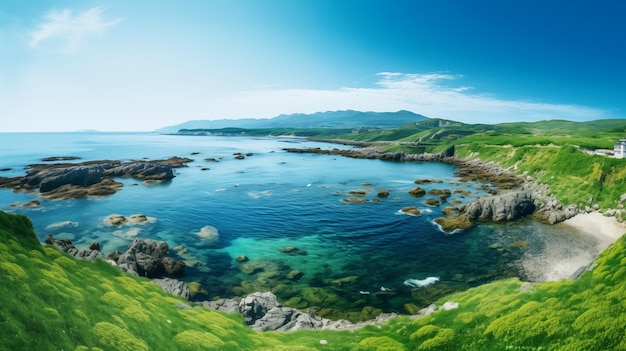 Foto oceano verde rigoglioso in un paesaggio costiero tranquillo