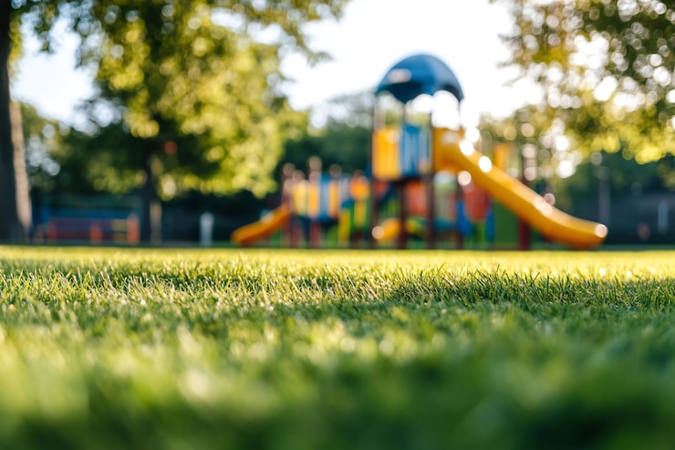Photo lush green park mowed grass blurred colorful playground in background bright lively mood