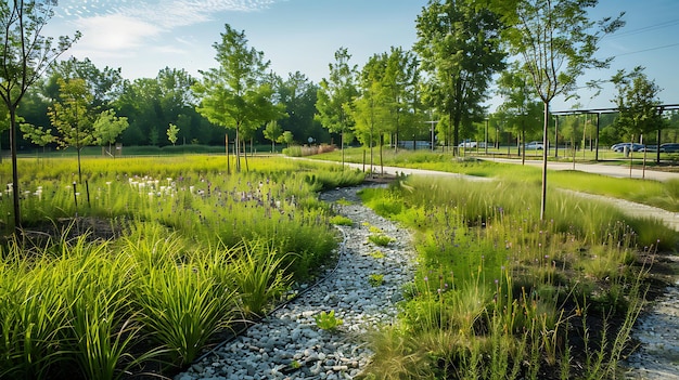 Photo a lush green park with a winding stone path and a small stream running through it