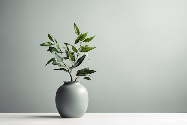 真っ白なテーブルの上のグレーの花瓶にエレガントに飾られた緑豊かな植物 Generative Ai