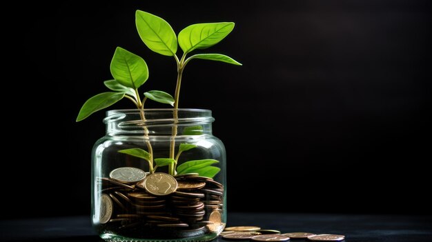 Lush green plants grow inside glass bottles filled with symbolic coins