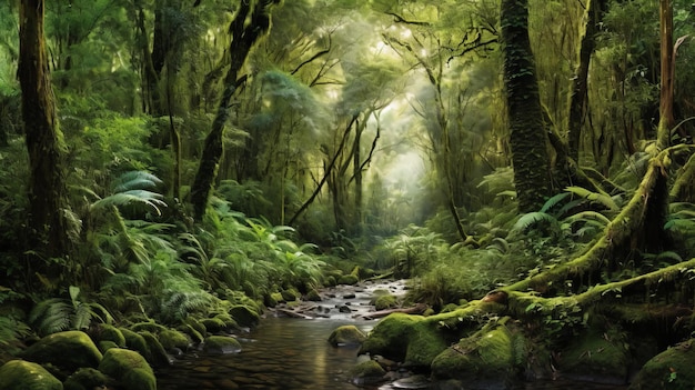 Плодородный зеленый тропический лес с густой листвой и высокими деревьями, созданными искусственным интеллектом