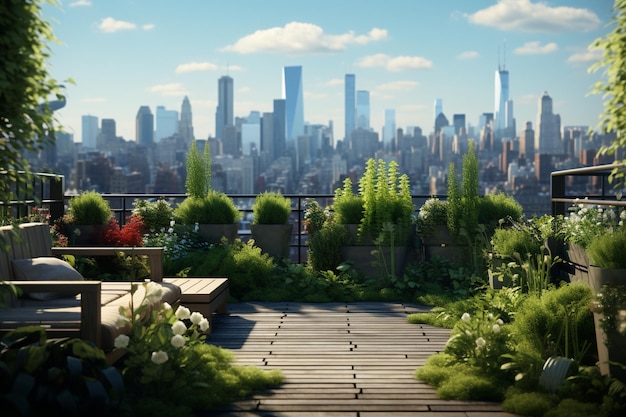 Photo a lush green rooftop garden with urban skyline in 00184 01