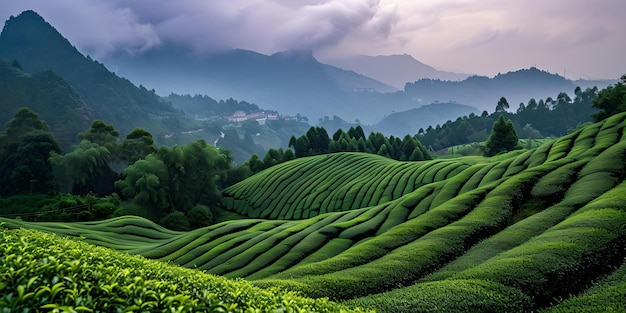 Lush green tea plantation at dawn rolling hills and mist a perfect landscape scene for tranquil moments AI