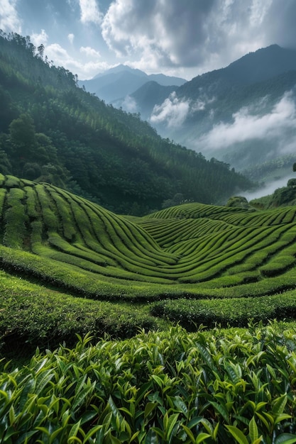 Photo lush green tea plantation with rolling hills and misty mountains under cloudy sky