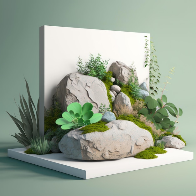 Lush green tundra rock garden minimalist mockup for podium display or showcase AI generation