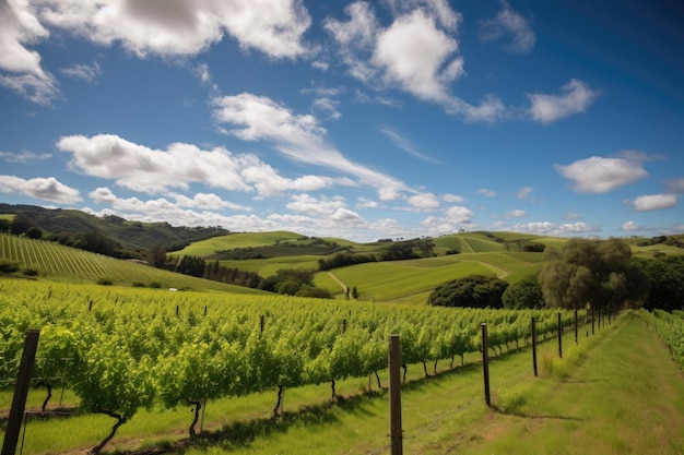 Lush green vineyard with rolling hills and blue skies created with generative ai