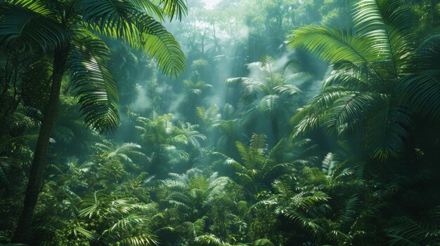 Lush greenery and dense foliage in a misty forest
