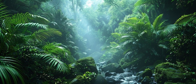 Lush greenery and dense foliage in a misty forest