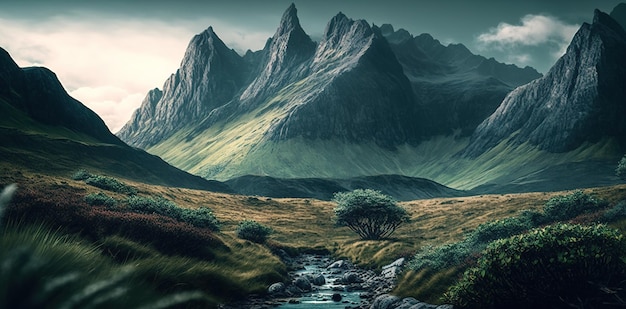 높은 산의 무성한 녹지가 이 놀라운 사진에서 멋진 배경을 이루고 있습니다.