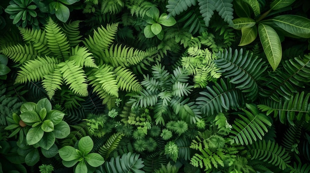 Lush Greenery of Various Tropical Plants and Ferns