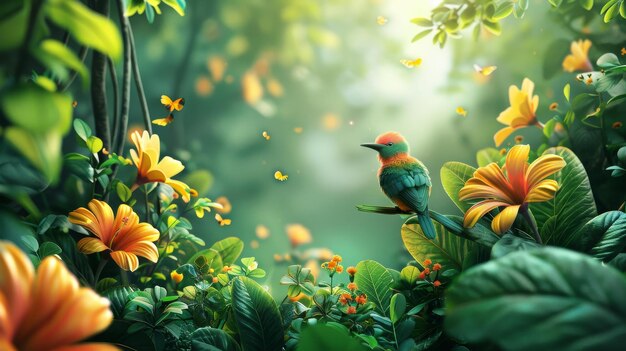 Lush greenery with vibrant flowers and a colorful bird