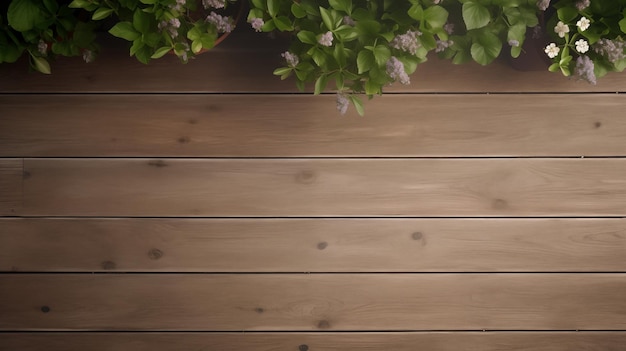 Photo lush greenery over wooden slats background with copy space above