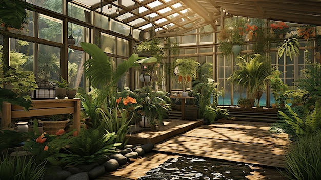 lush greenhouse oasis with sunlight