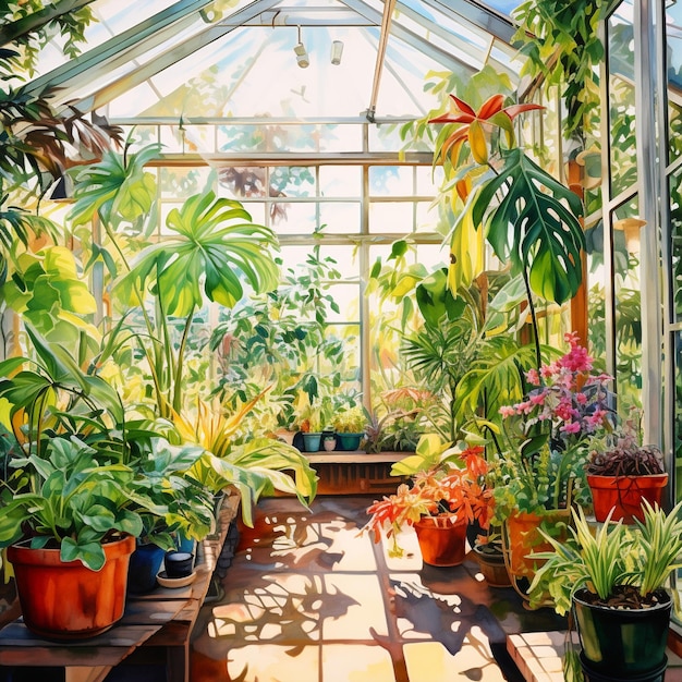 Lush Greenhouse in Watercolor Style