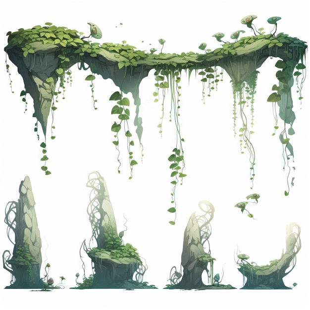 Lush Hanging Vines Sprite Sheets in Rayman Legends Art Style with Vibrant Foreground Assets on a Wh