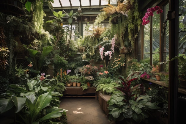 Foto un lussureggiante giardino interno con una varietà di piante tra cui orchidee e felci