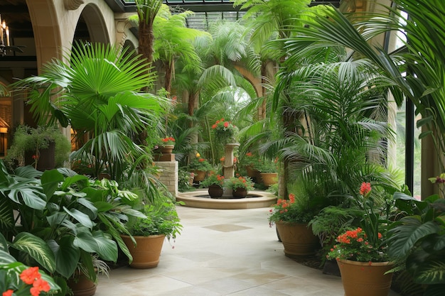 Плодородный внутренний сад с разнообразными стильными растениями и зеленью