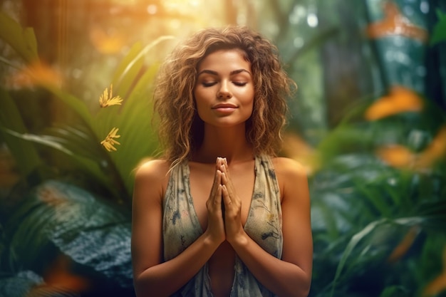 緑豊かなジャングルの中で、官能的な若い女性が瞑想に安らぎを見出します。ナマステのジェスチャーで手のひらを合わせて、目を閉じて穏やかな瞑想をしています。ジェネレーティブ AI