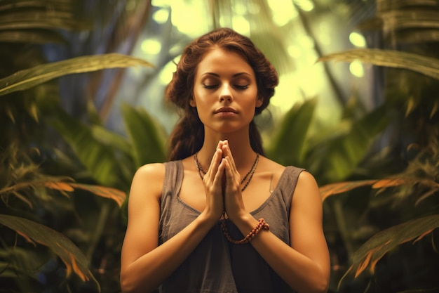緑豊かなジャングルの中で、官能的な若い女性が瞑想に安らぎを見出します。ナマステのジェスチャーで手のひらを合わせて、目を閉じて穏やかな瞑想をしています。ジェネレーティブ AI