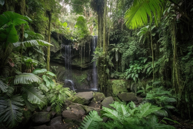 Lush jungle with towering waterfalls and lush greenery created with generative ai