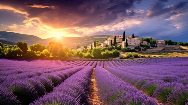 Lush lavender fields warm embrace Provence sun picturesque scene fragrant beauty serenity Generated by AI