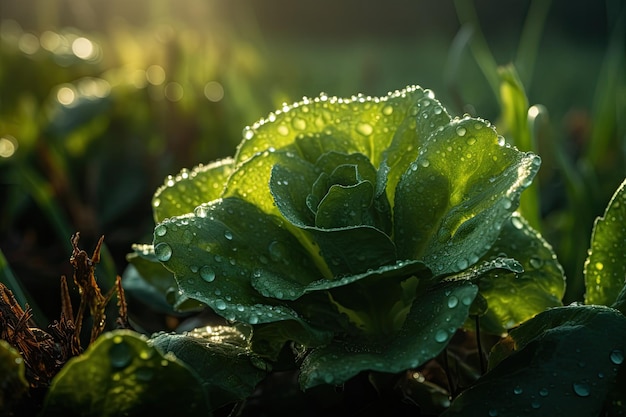 Lush lettuce glistens in the sun surrounded by lush green leaves generative IA