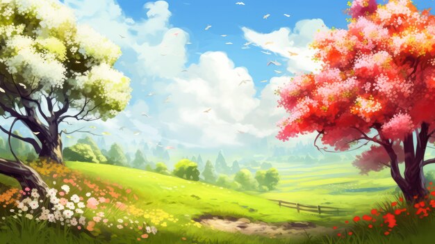 lush meadow and colorful trees create a serene idyllic natural landscape