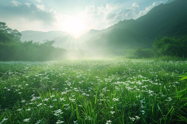 Photo lush meadows at dawn