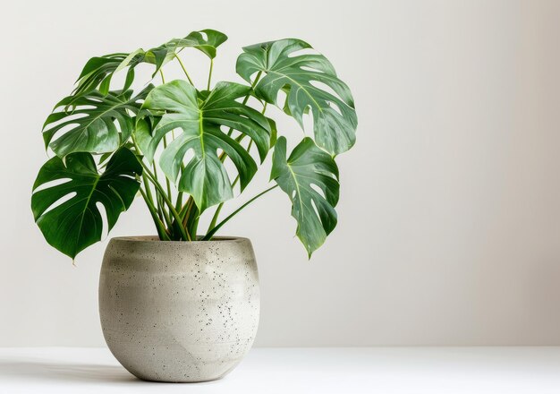 A lush Monstera deliciosa plant in a stylish concrete planter